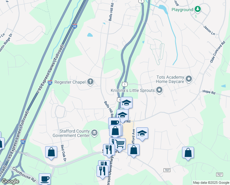 map of restaurants, bars, coffee shops, grocery stores, and more near 33 Iris Lane in Stafford