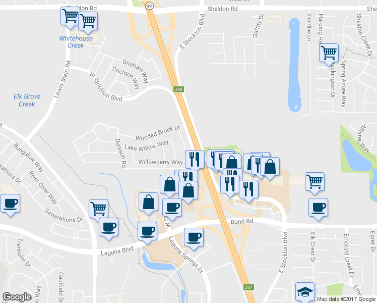 map of restaurants, bars, coffee shops, grocery stores, and more near 9045 Willowberry Way in Elk Grove