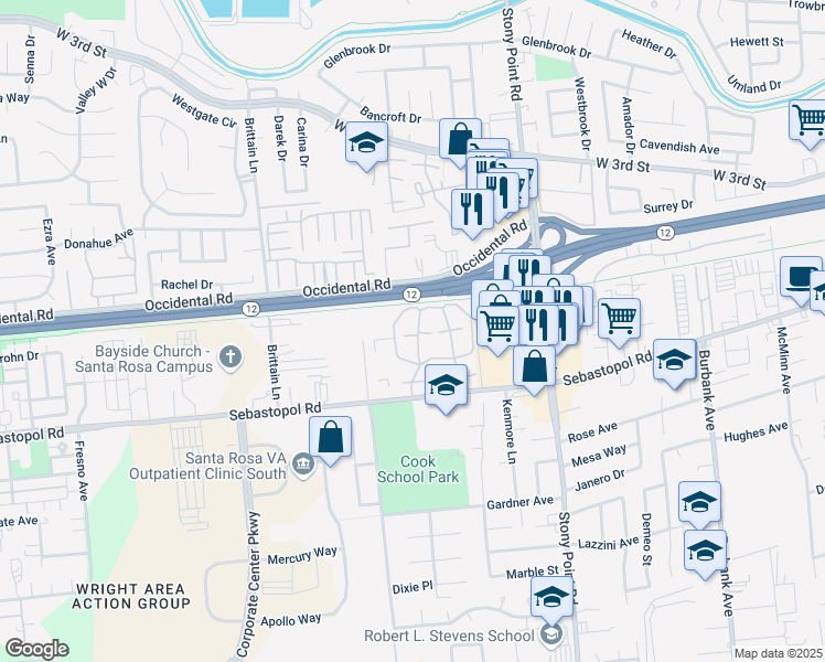 map of restaurants, bars, coffee shops, grocery stores, and more near 623 Ryan Lane in Santa Rosa