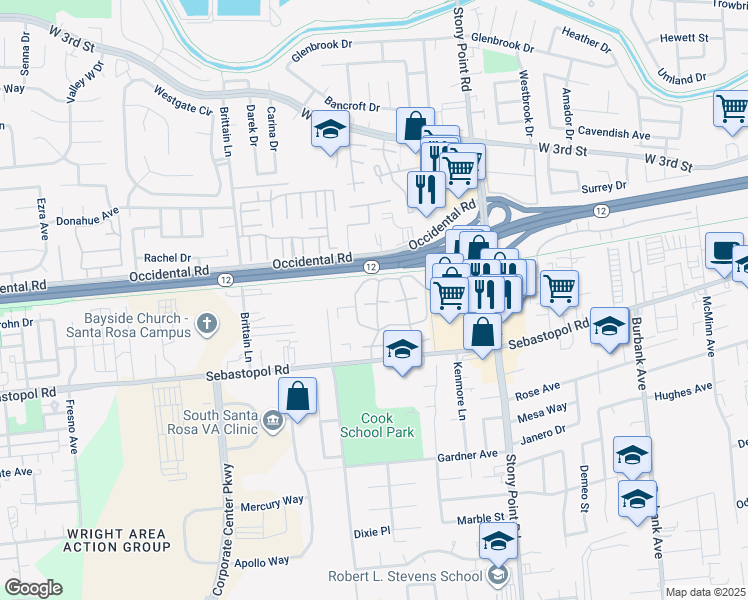 map of restaurants, bars, coffee shops, grocery stores, and more near 621 Ryan Lane in Santa Rosa