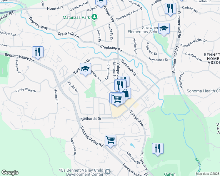 map of restaurants, bars, coffee shops, grocery stores, and more near 2708 Wawona Court in Santa Rosa