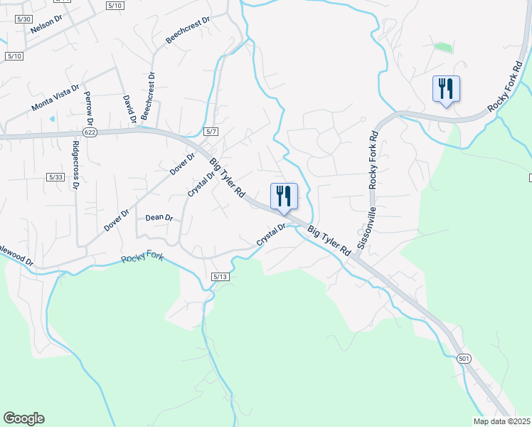 map of restaurants, bars, coffee shops, grocery stores, and more near 5119 Big Tyler Road in Charleston