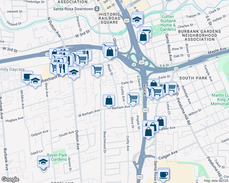 map of restaurants, bars, coffee shops, grocery stores, and more near 885 Boyd Street in Santa Rosa