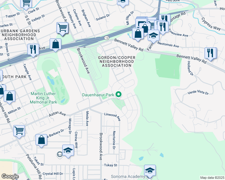 map of restaurants, bars, coffee shops, grocery stores, and more near 2042 Cooper Drive in Santa Rosa