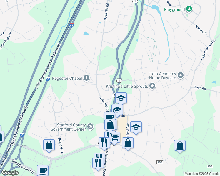 map of restaurants, bars, coffee shops, grocery stores, and more near 33 Iris Lane in Stafford
