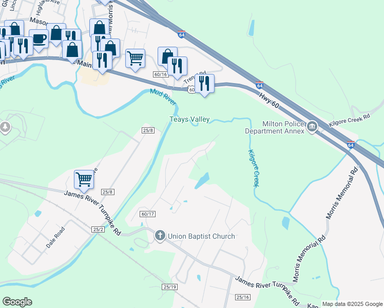 map of restaurants, bars, coffee shops, grocery stores, and more near 75 Smelser Lane in Milton
