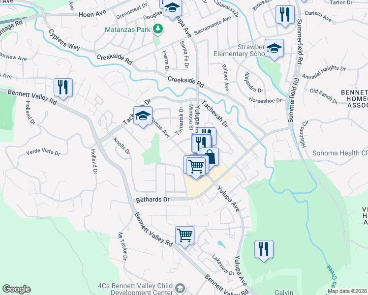 map of restaurants, bars, coffee shops, grocery stores, and more near 2708 Wawona Court in Santa Rosa