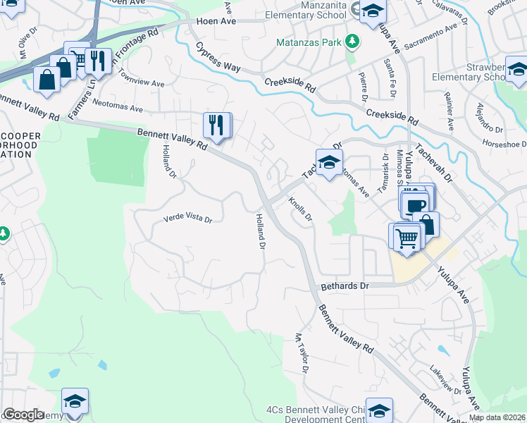 map of restaurants, bars, coffee shops, grocery stores, and more near 3999 Holland Drive in Santa Rosa