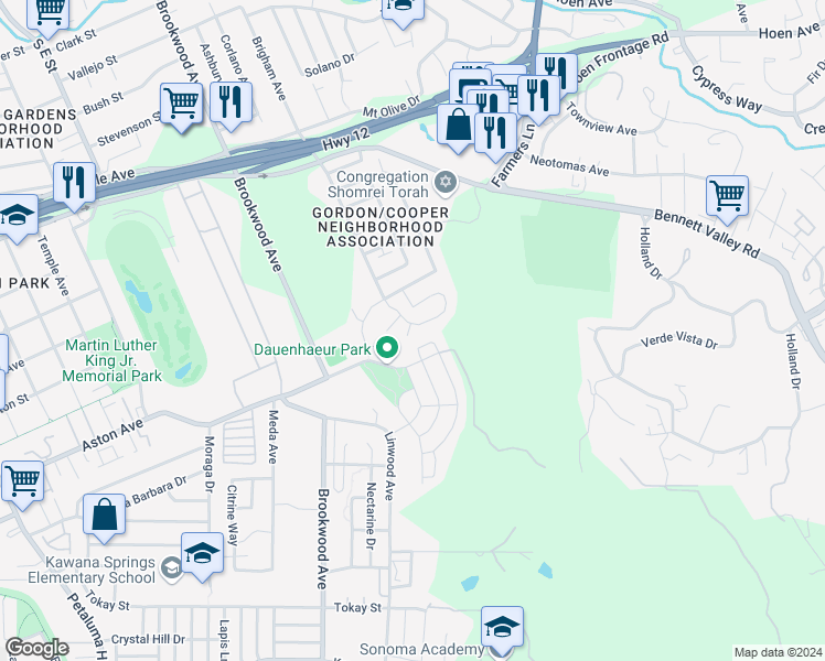map of restaurants, bars, coffee shops, grocery stores, and more near 1339 Gordon Lane in Santa Rosa