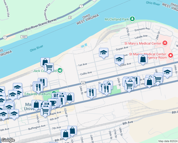map of restaurants, bars, coffee shops, grocery stores, and more near 2464 Collis Avenue in Huntington