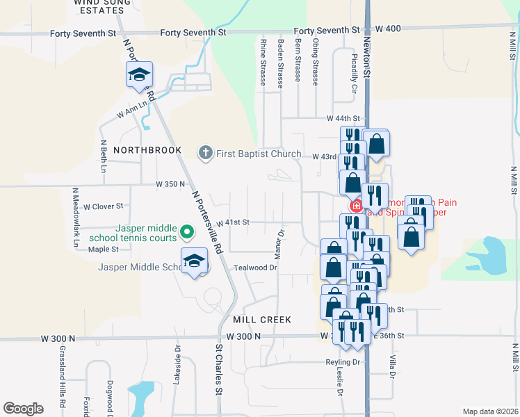 map of restaurants, bars, coffee shops, grocery stores, and more near 4145 Timberpoint Ct in Jasper
