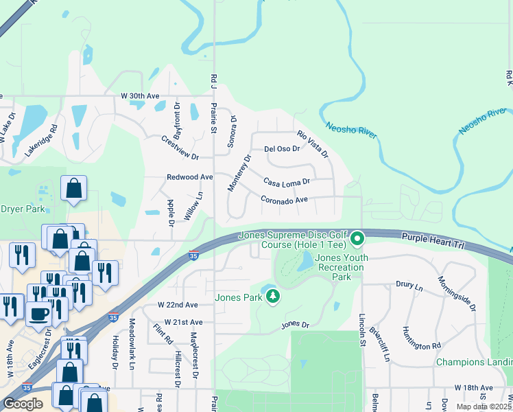 map of restaurants, bars, coffee shops, grocery stores, and more near 2526 Loma Vista Dr in Emporia