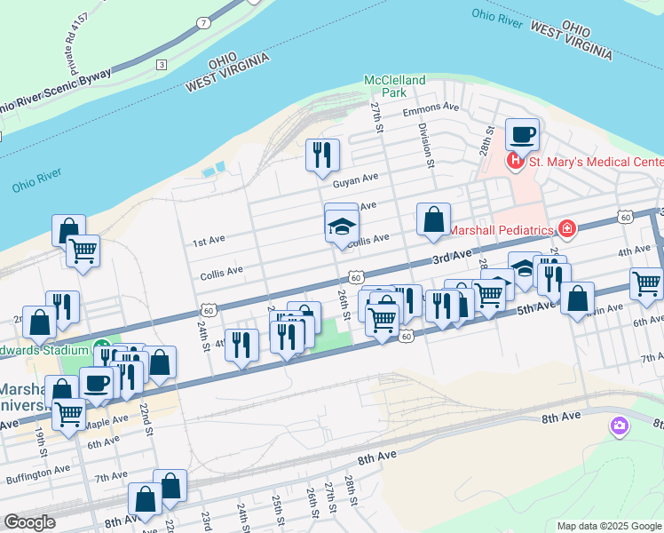 map of restaurants, bars, coffee shops, grocery stores, and more near 225 26th St in Huntington