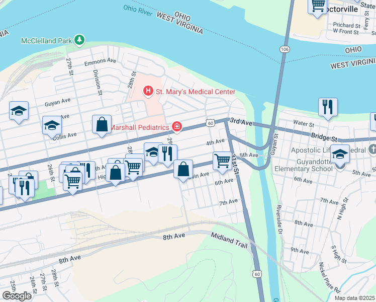 map of restaurants, bars, coffee shops, grocery stores, and more near 2919 4th Avenue in Huntington