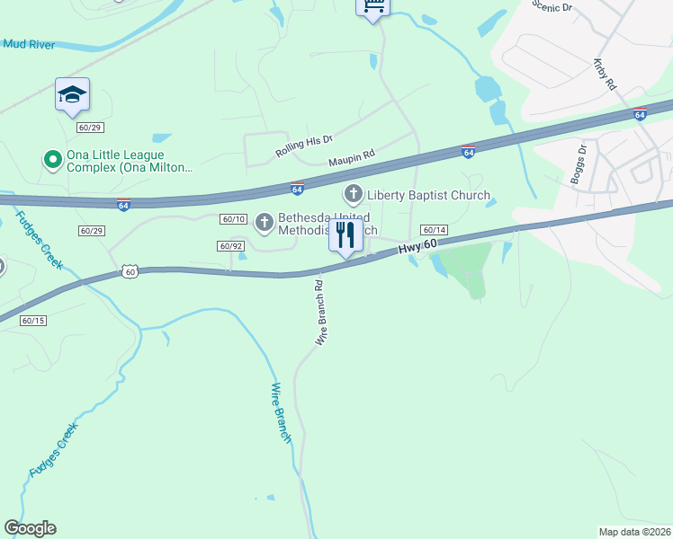 map of restaurants, bars, coffee shops, grocery stores, and more near 2744 Midland Trail in Ona