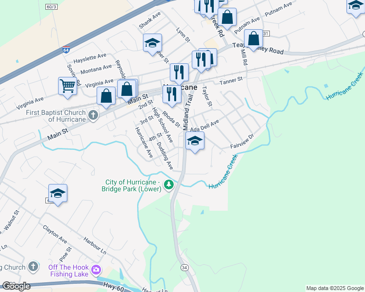 map of restaurants, bars, coffee shops, grocery stores, and more near 564 Midland Trail in Hurricane