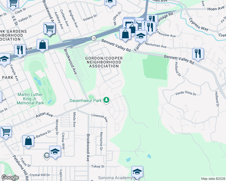 map of restaurants, bars, coffee shops, grocery stores, and more near 1339 Gordon Lane in Santa Rosa