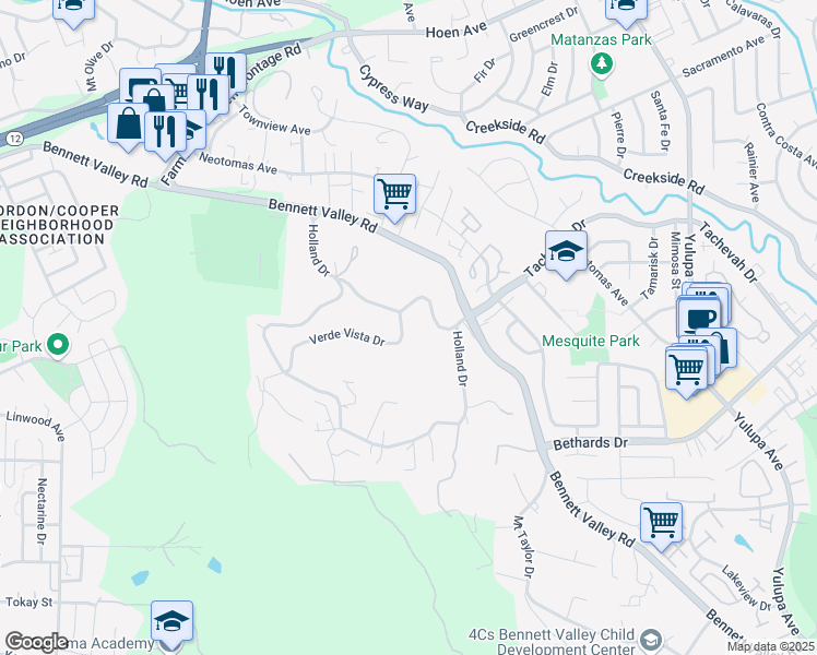 map of restaurants, bars, coffee shops, grocery stores, and more near 3590 Verde Vista Drive in Santa Rosa