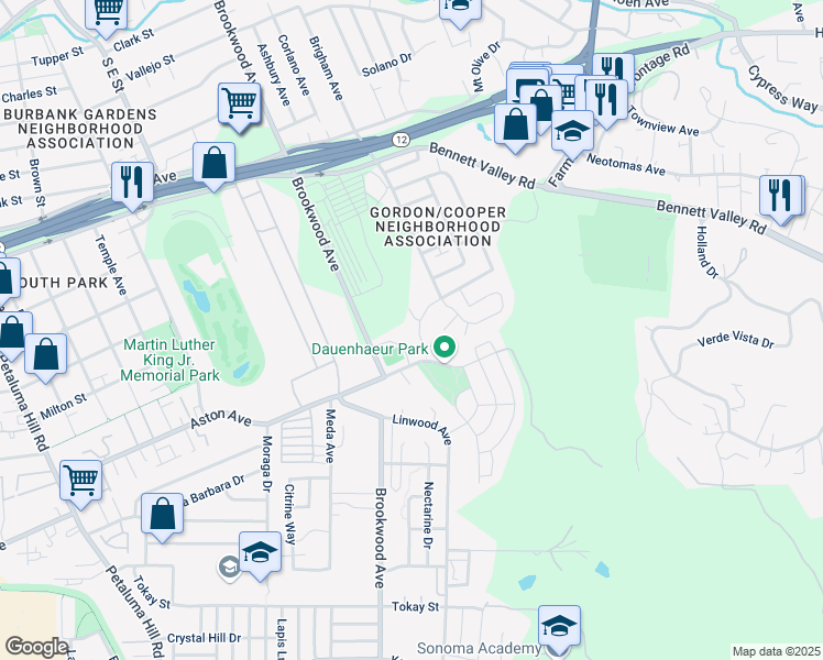 map of restaurants, bars, coffee shops, grocery stores, and more near 2053 Cooper Drive in Santa Rosa