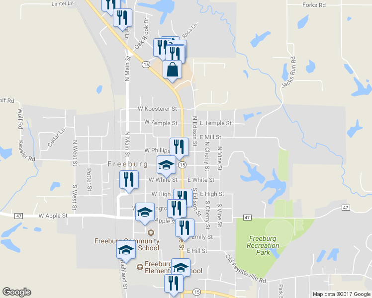 map of restaurants, bars, coffee shops, grocery stores, and more near 202 North State Street in Freeburg