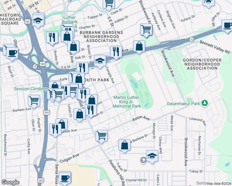 map of restaurants, bars, coffee shops, grocery stores, and more near 927 Frazier Avenue in Santa Rosa
