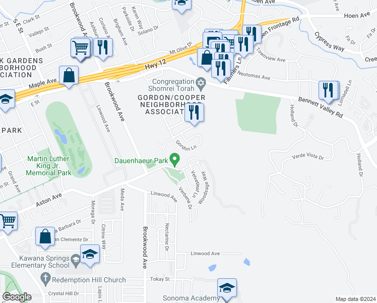 map of restaurants, bars, coffee shops, grocery stores, and more near 1355 Gordon Lane in Santa Rosa