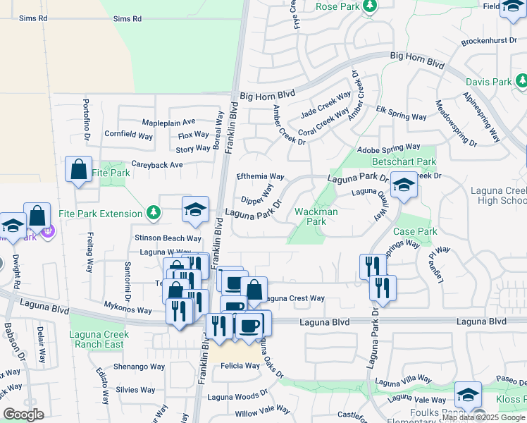 map of restaurants, bars, coffee shops, grocery stores, and more near 5047 Laguna Park Drive in Elk Grove