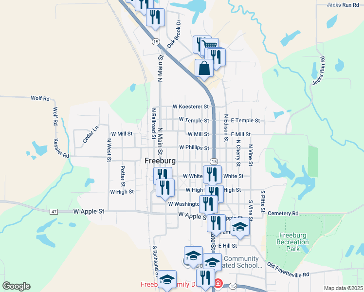 map of restaurants, bars, coffee shops, grocery stores, and more near 208 West Phillips Street in Freeburg