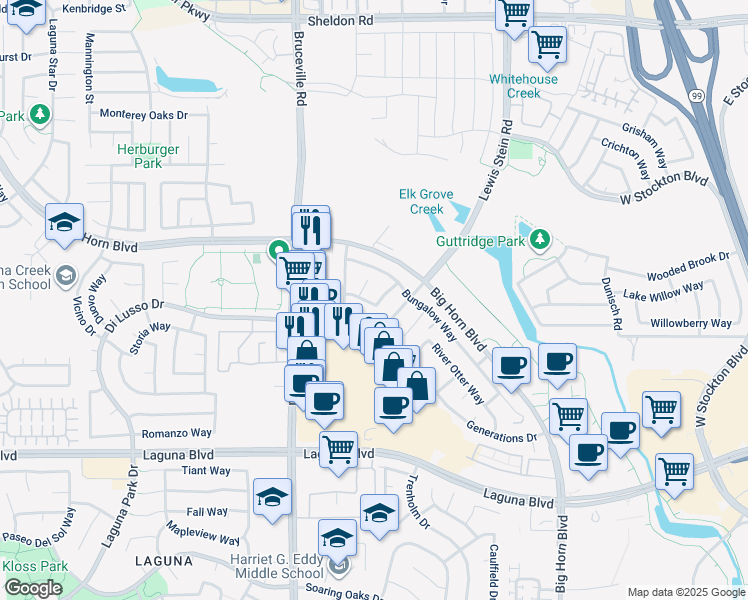 map of restaurants, bars, coffee shops, grocery stores, and more near 7503 Song Sparrow Way in Elk Grove