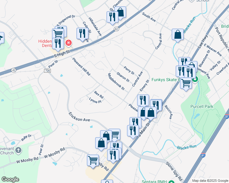 map of restaurants, bars, coffee shops, grocery stores, and more near 82 Pleasant Hill Road in Harrisonburg