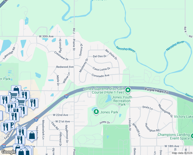 map of restaurants, bars, coffee shops, grocery stores, and more near 1817 Coronado Avenue in Emporia