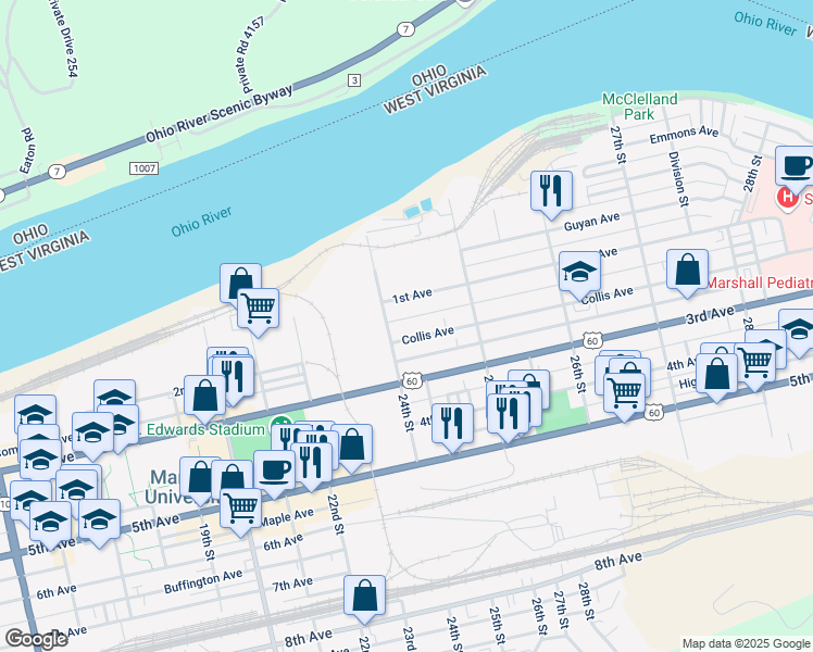 map of restaurants, bars, coffee shops, grocery stores, and more near 2420 Collis Avenue in Huntington
