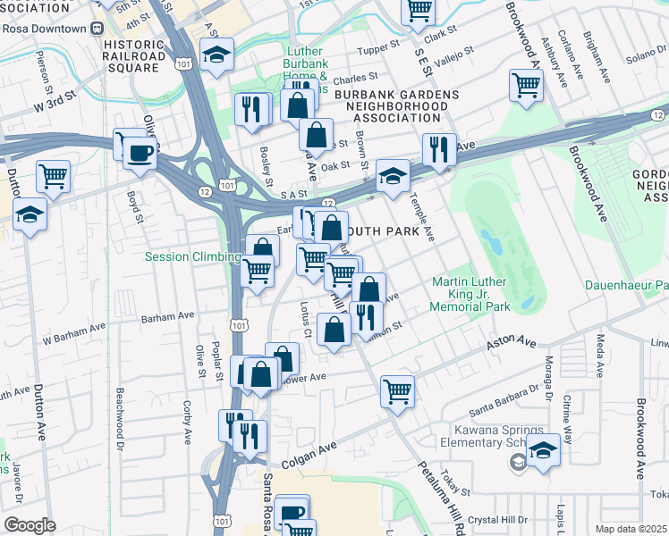 map of restaurants, bars, coffee shops, grocery stores, and more near 1014 Petaluma Hill Road in Santa Rosa