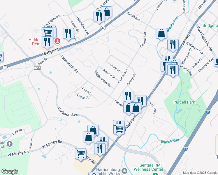map of restaurants, bars, coffee shops, grocery stores, and more near 69 Middlebrook Street in Harrisonburg