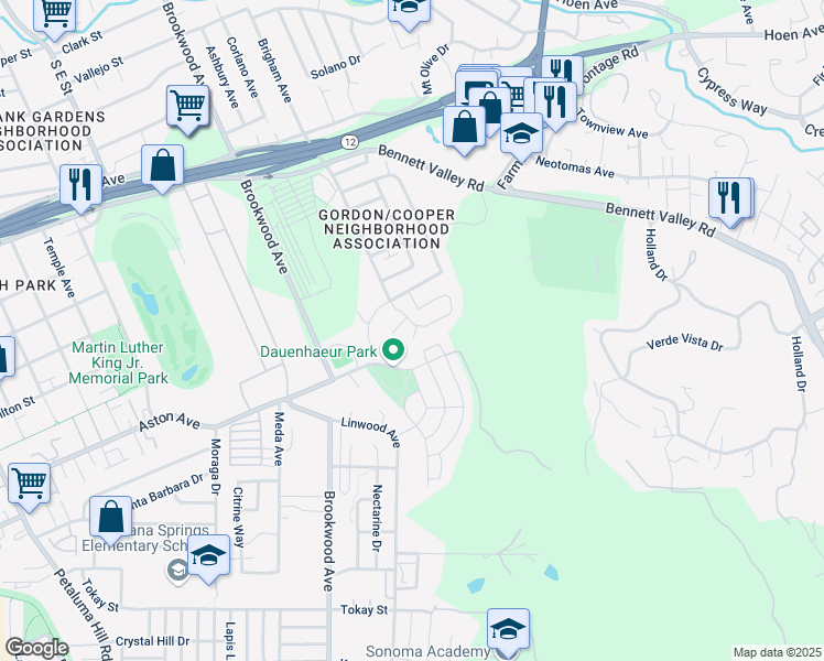 map of restaurants, bars, coffee shops, grocery stores, and more near 1339 Gordon Lane in Santa Rosa