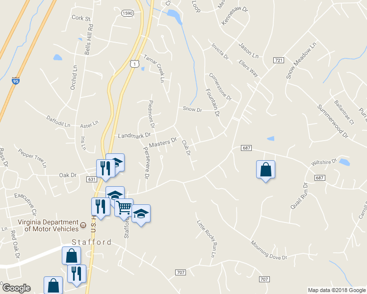 map of restaurants, bars, coffee shops, grocery stores, and more near 39 Club Drive in Stafford