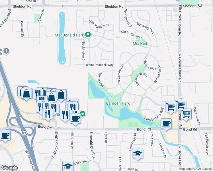map of restaurants, bars, coffee shops, grocery stores, and more near 9041 Bridgewater Court in Elk Grove