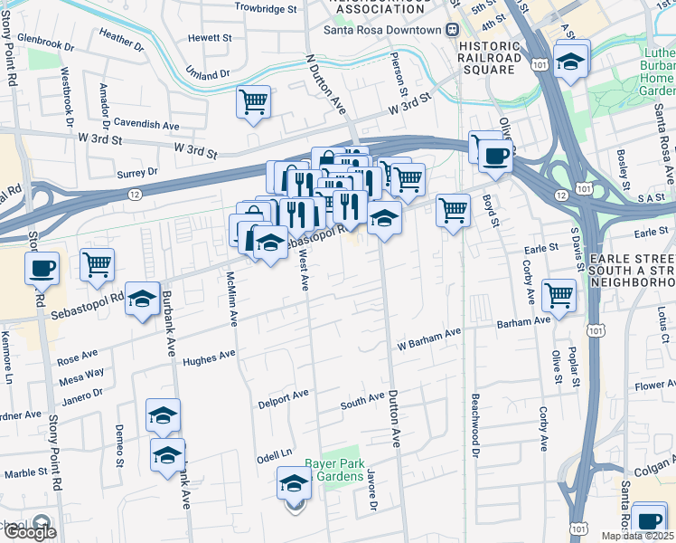 map of restaurants, bars, coffee shops, grocery stores, and more near 621 Avalon Avenue in Santa Rosa
