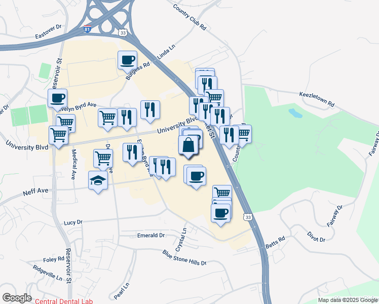 map of restaurants, bars, coffee shops, grocery stores, and more near 1925 East Market Street in Harrisonburg