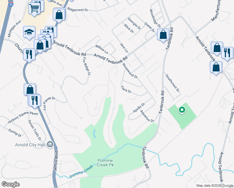map of restaurants, bars, coffee shops, grocery stores, and more near 1601 Tony Drive in Arnold