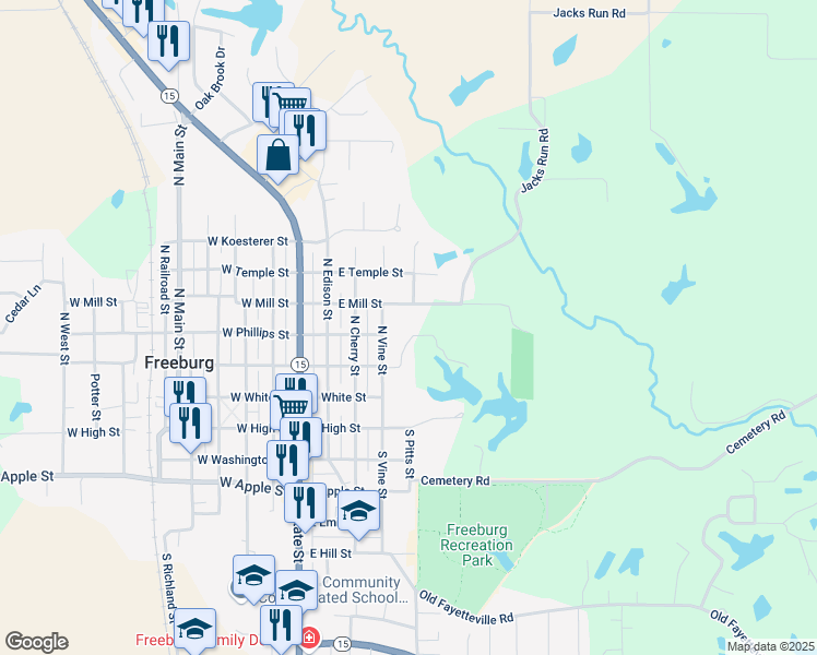 map of restaurants, bars, coffee shops, grocery stores, and more near 400 East Mill Street in Freeburg