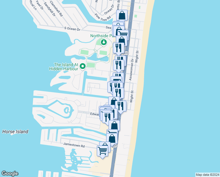 map of restaurants, bars, coffee shops, grocery stores, and more near 12302 Jamaica Avenue in Ocean City