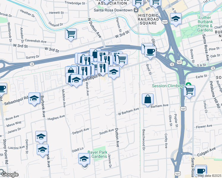 map of restaurants, bars, coffee shops, grocery stores, and more near 721 Dutton Avenue in Santa Rosa