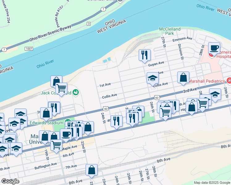map of restaurants, bars, coffee shops, grocery stores, and more near 2464 Collis Avenue in Huntington