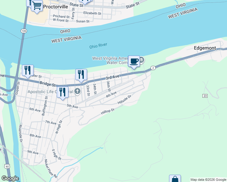 map of restaurants, bars, coffee shops, grocery stores, and more near 3511 3rd Avenue in Huntington