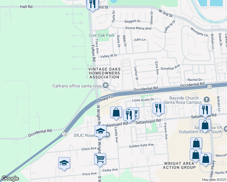 map of restaurants, bars, coffee shops, grocery stores, and more near 3965 Occidental Road in Santa Rosa