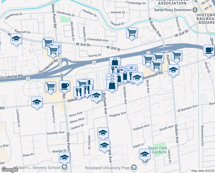 map of restaurants, bars, coffee shops, grocery stores, and more near 17 Romani Court in Santa Rosa