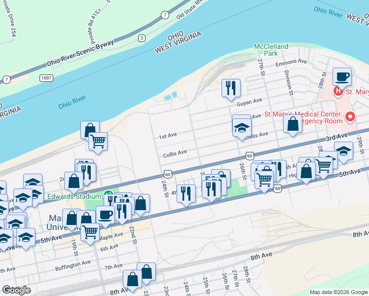 map of restaurants, bars, coffee shops, grocery stores, and more near 2464 Collis Avenue in Huntington
