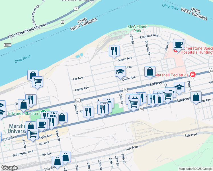 map of restaurants, bars, coffee shops, grocery stores, and more near 2547 Collis Avenue in Huntington