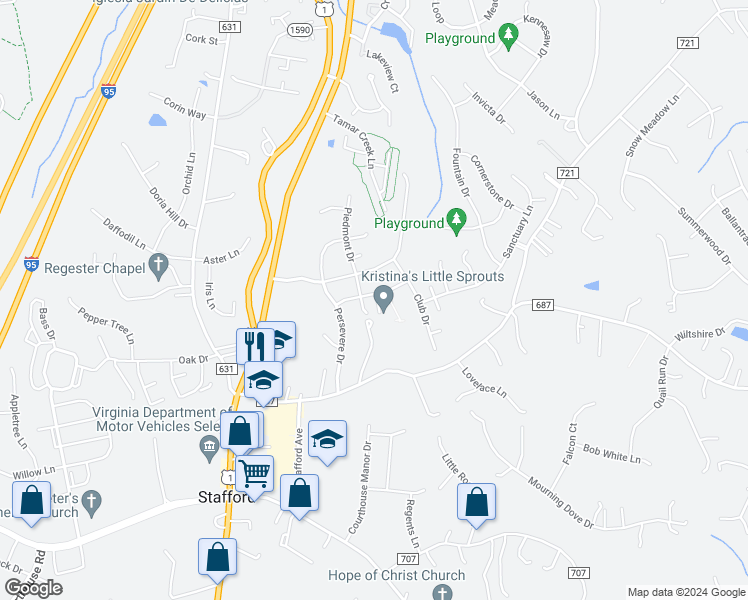 map of restaurants, bars, coffee shops, grocery stores, and more near 10 Masters Drive in Stafford